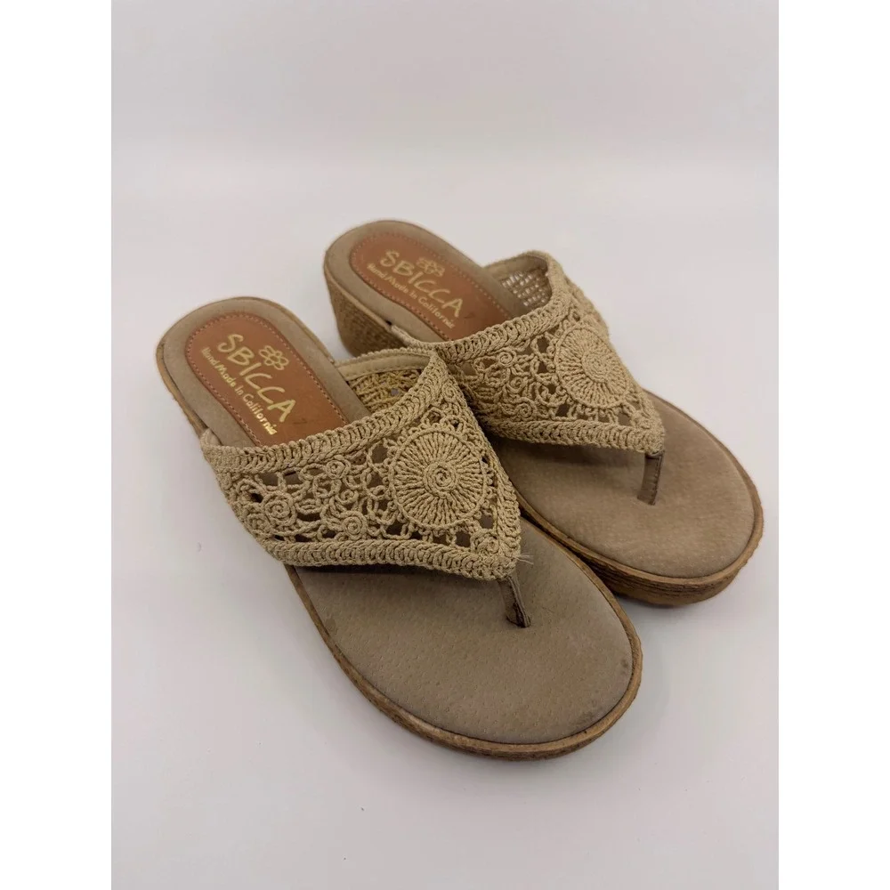 Sbicca Tan Crochet Platform Wedge Sandals Boho Thong Hand Made California Mens 7